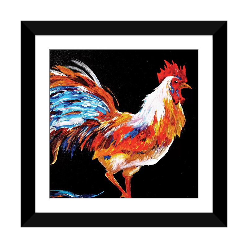 «Rooster», reproduction sur toile, H 16 po x l 16 po x P 1 po, Papier avec cadre noir, Blanc