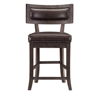 Ensemble de 2 chaises à hauteur de comptoir rustique à finition cerisier foncé avec garniture cloutée en bois et similicuir