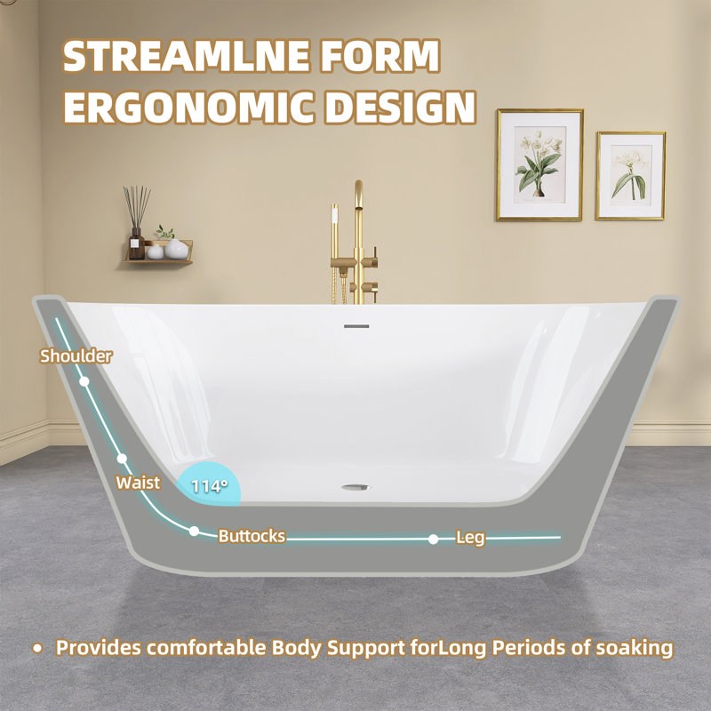 Baignoire de trempage autoportante en acrylique 63 "x 30" avec drain central en blanc