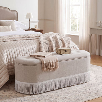 Oval Tufted Storage Bench with Flip-Top Seat and Fringe Trim