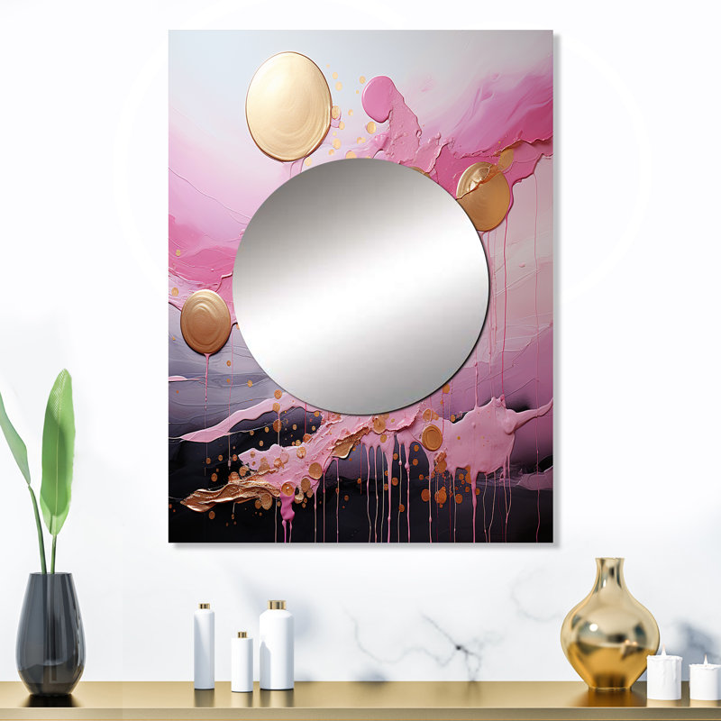 Ummiye or et rose liquide moderne, formes I - miroir unique de formes, grand miroir mural doré, impression d'art en métal
