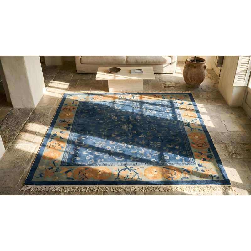 Blue Color Silk Pile Antique Minimalist Chinese Area Rug