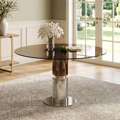 Table de salle à manger ronde en verre trempé de 35 po, pieds en acier inoxydable, pouvant accueillir 2 à 4 personnes, petite table ronde brune foncé pour les restaurants et les appartements