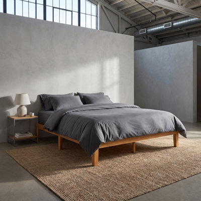Queen Natural Solid Wood Platform Bed Frame with Underbed Storage, No Box Spring Needed