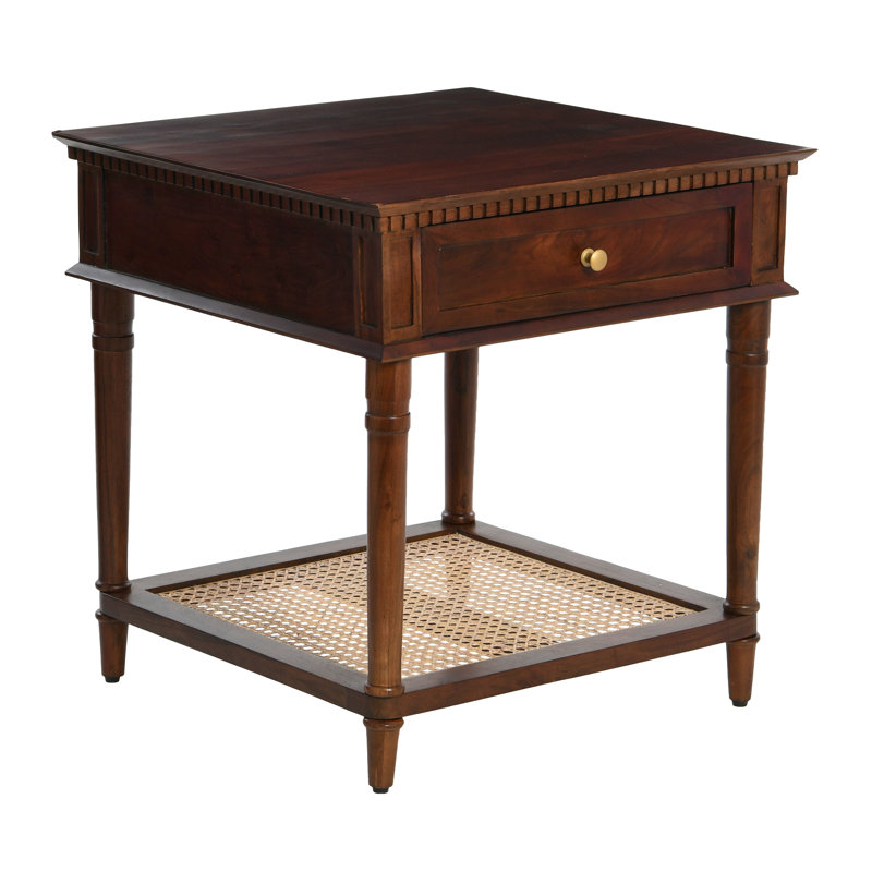 Maxwelton Solid Wood End Table with Drawer and Woven Cane Storage Shelf, Brown