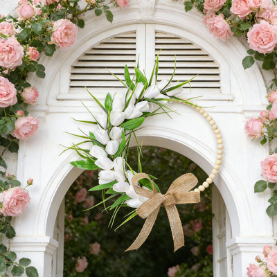 Artificial Flower Wreath 13.8 Inch Green Leaves Spring Summer Floral Hoop with Wooden Beads for Front Door Wall Wedding Party Decor White