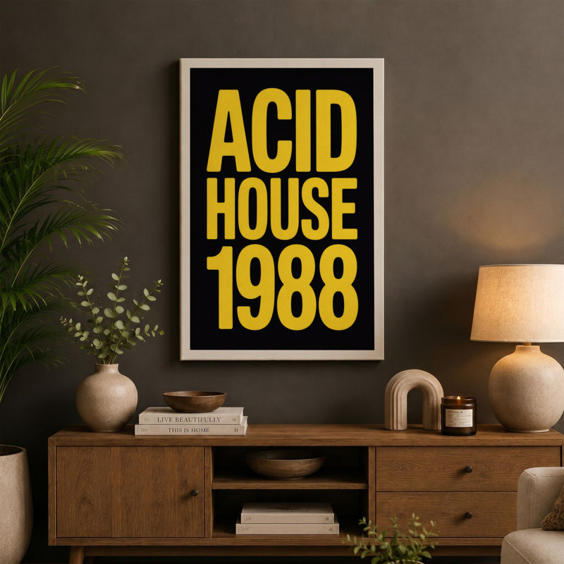 Acid House 1988 Typography 1 Piece Wrapped Canvas Wall Art, 30x20 - 76.2 x 50.8 cm, Teal Border