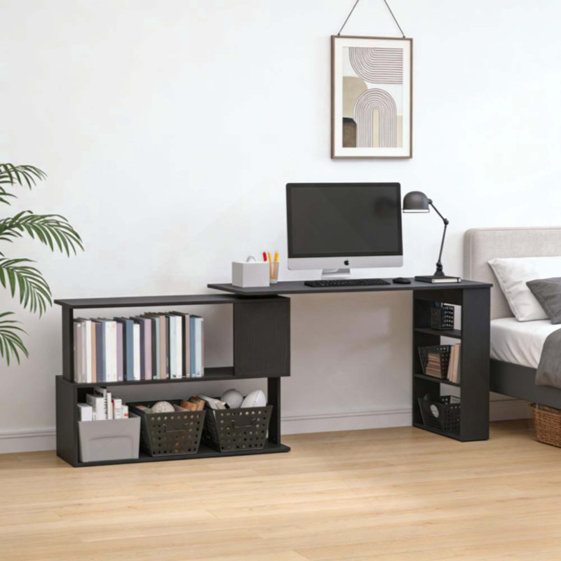 Poste de travail spacieux avec table d'écriture, bureau d'ordinateur en coin en L, bureau à domicile rotatif à 360 °, Noir