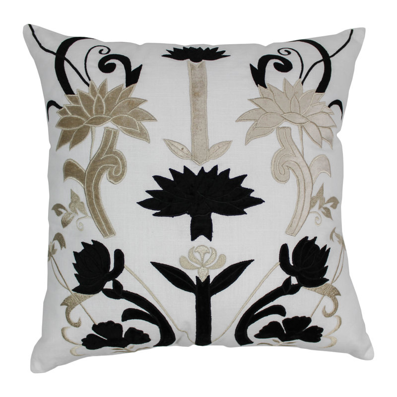 Elegant Black and Platinum Floral Velvet Applique Square Pillow
