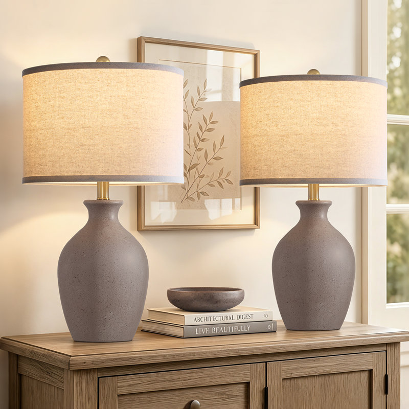 Lampes de table en céramique vieillie de 61 cm (24 po) avec abat-jour en lin, style campagnard, comprenant 2 ampoules DEL (ensemble de 2)