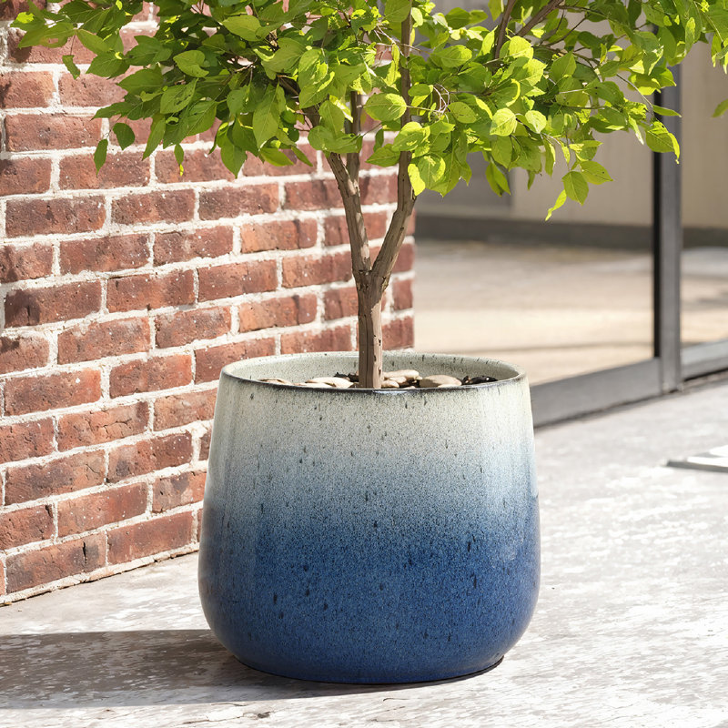 11.6" Dia Glazed Blue Round Ceramic Planter Pot with Drainage