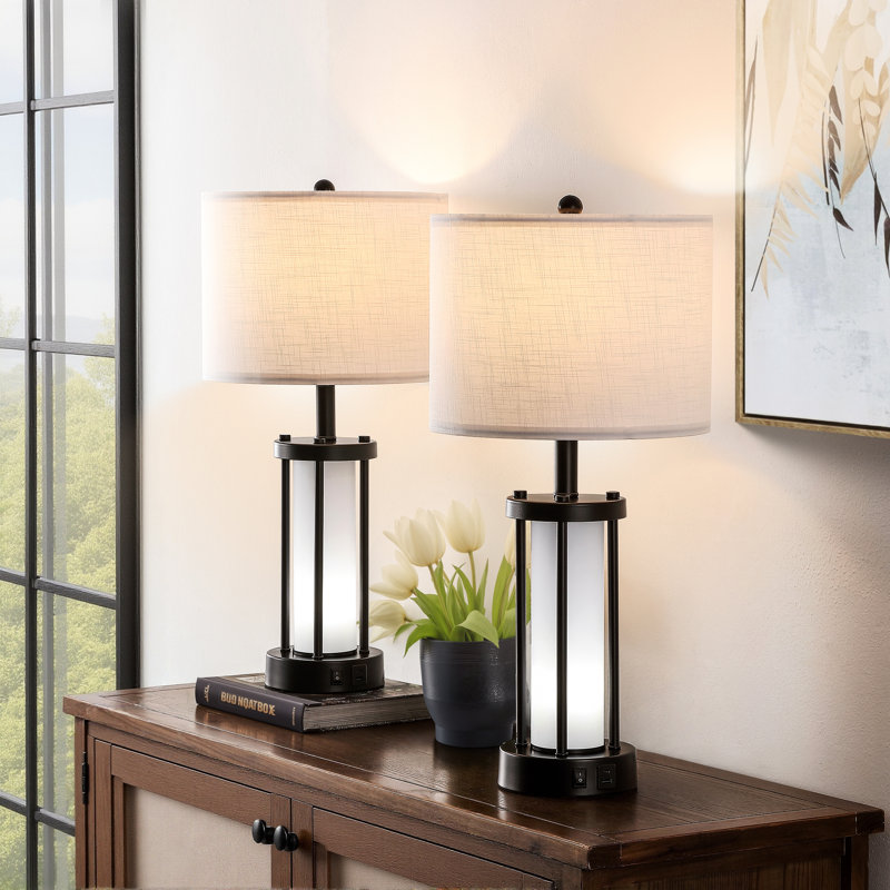 25" Black Metal Table Lamp Set with USB Type-C Ports and Built-in Outlet