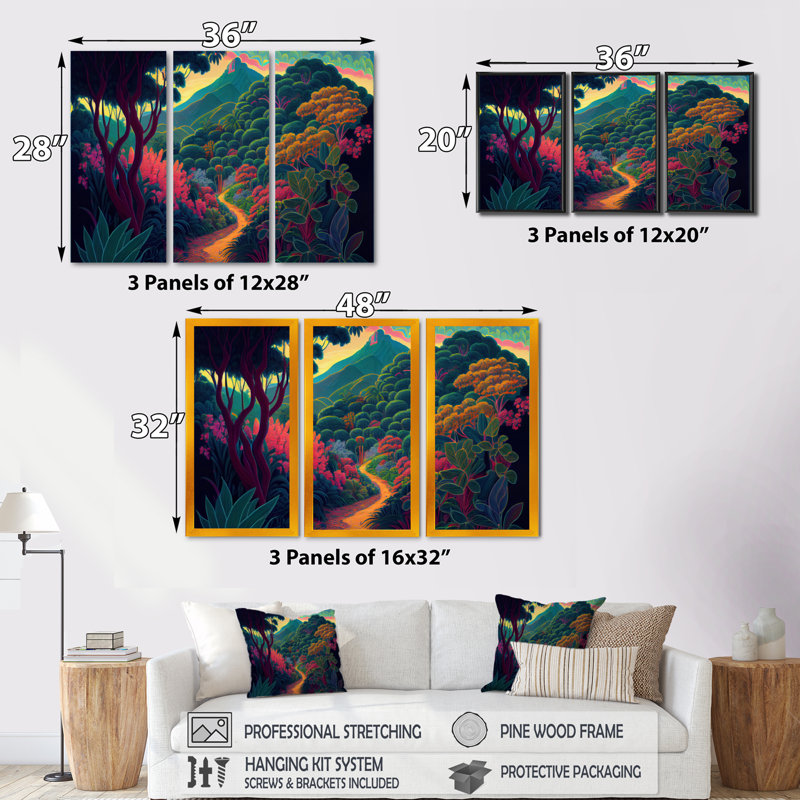«Walking Path In The Mountains I», reproduction d'art sur toile 3 pièces, H 28 po x l 36 po x P 1 po, Toile encadrée noire