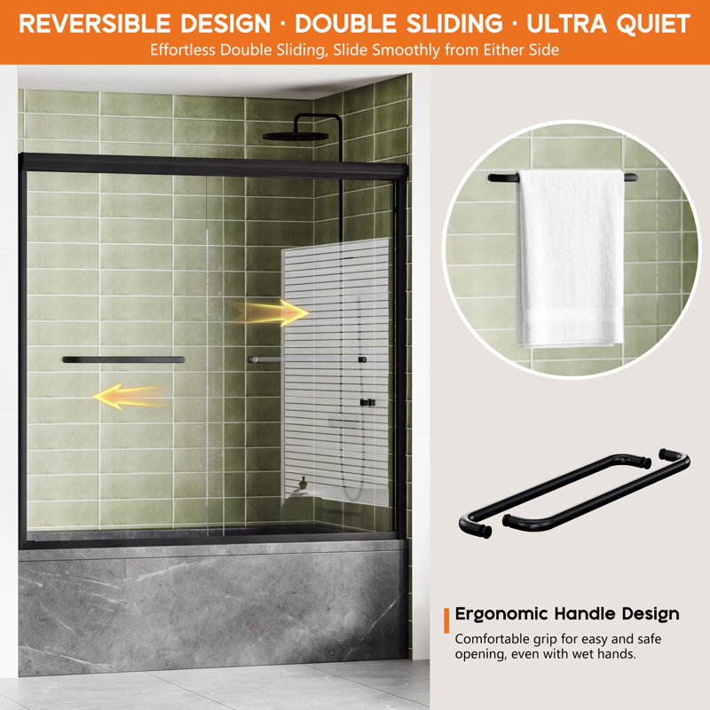 Porte de douche sans cadre 60 po x 58 po en verre trempé noir, porte de douche moderne en verre pour installation de douche à l'italienne