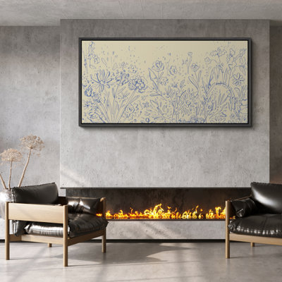 «Blue Botanical Line Art», toile encadrée - fond beige avec croquis floraux