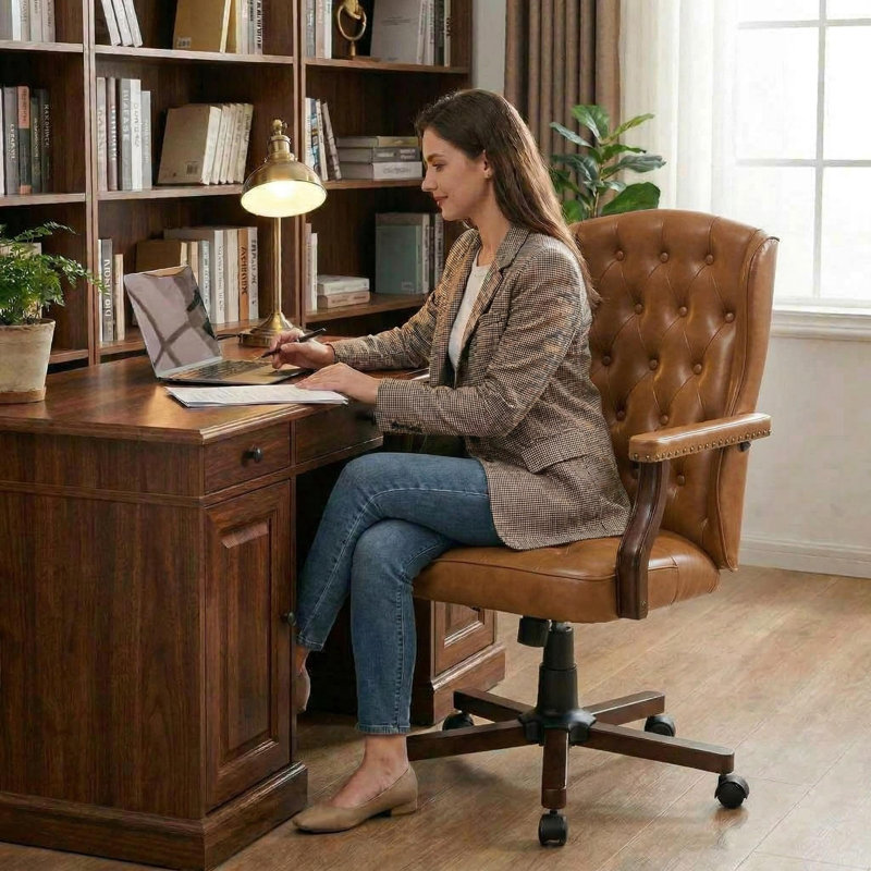 Vintage Wing Back Swivel Desk Chair, Brown