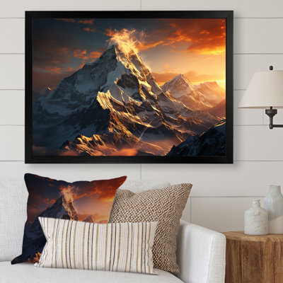 Jaune montagnes enneigées au coucher du soleil, sommet de l'Everest I - montagnes, art mural