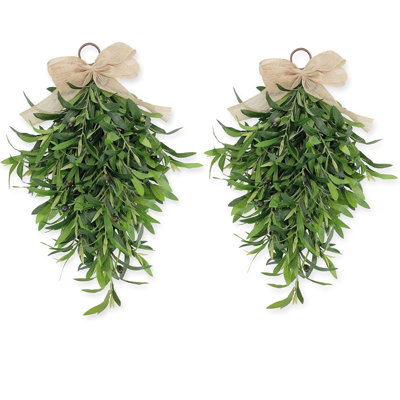 2 Pack 21.6 Inch Olive Branch Swag for Front Door, Artificial Teardrop Wreaths with Burlap Bow, Faux Greenery Front Door Swag for All Seasons Farmhouse Covered Porch Wall