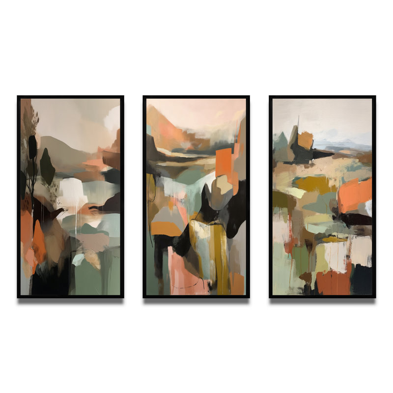 «Green and Beige Transcendant Reality III», ensemble de 3 peintures murales abstraites, Cadre flottant noir