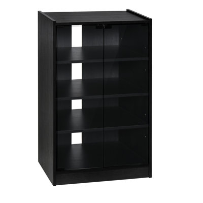 5 supports média avec portes en verre trempé, tablettes réglables et accessoires de gestion des câbles en noir vieilli 5 tablettes. , Gestion. Peut contenir un lecteur, un récepteur, une console de jeu, un ordinateur portable et des livres