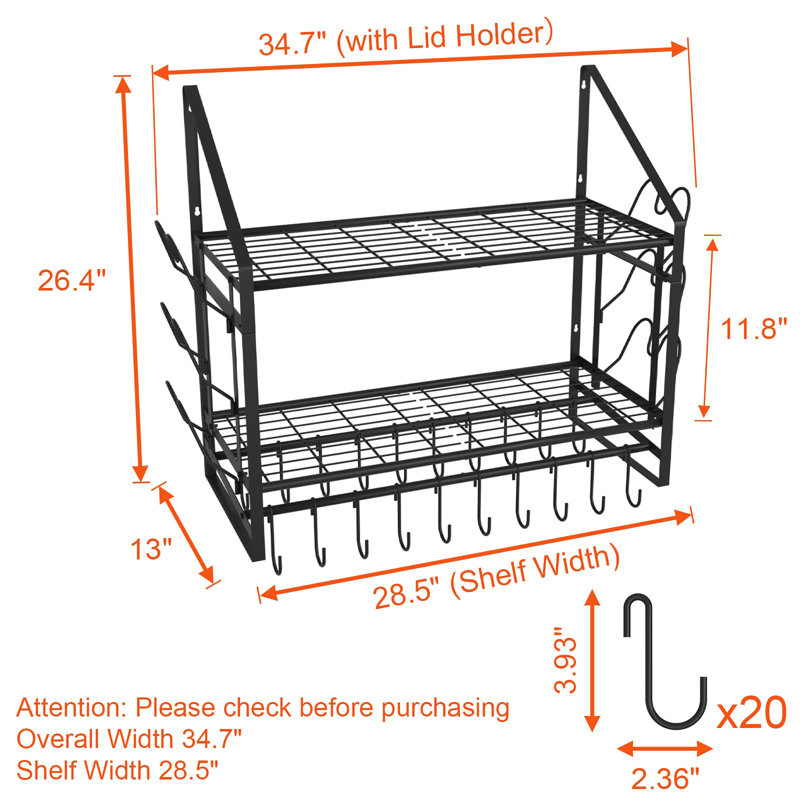 28 Inch Pot Rack Wall Mounted, Black