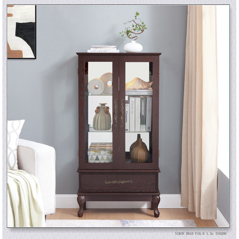 Vitrine avec verre éclairé, tablettes réglables et finition élégante pour exposer des objets de collection, Cerisier