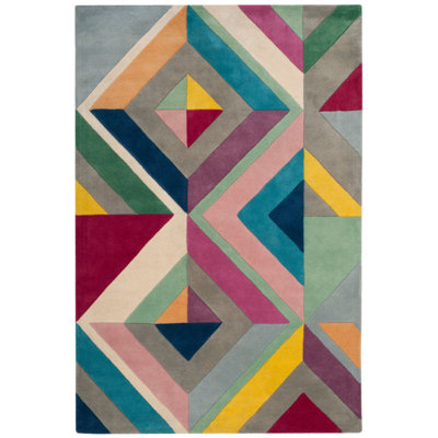 Tapis gris / rose / jaune en laine touffeté à la main Harsirat