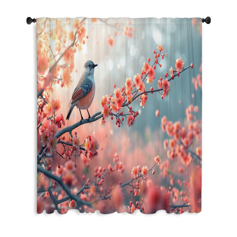 Bird Wildlife Cherry Sheer Curtain Single Panel, 53" W x 87" L