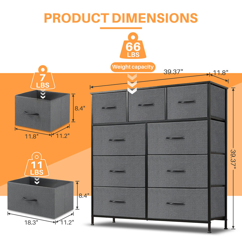 Commode 9 tiroirs Xinia, Gris