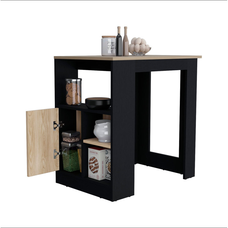 Kitchen Island with 1-Door Cabinet Push to open System and Side Shelves, Black, Black, Wood, 36" H x 37" W x 24" D