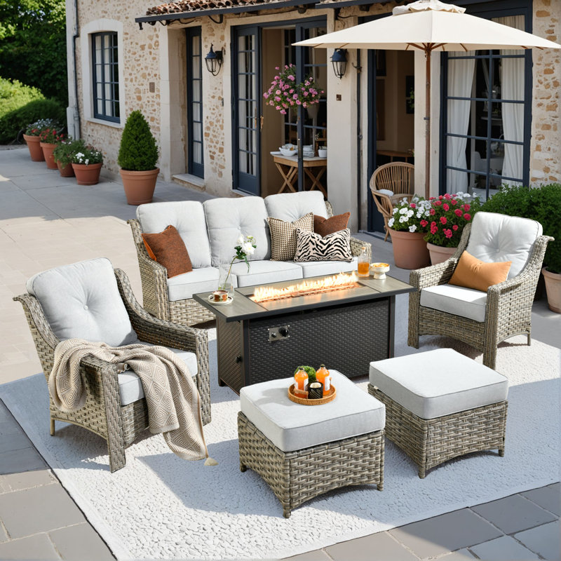 Ensemble de 6 chaises d'extérieur en rotin pour l'extérieur avec coussins et table de feu, Gris clair