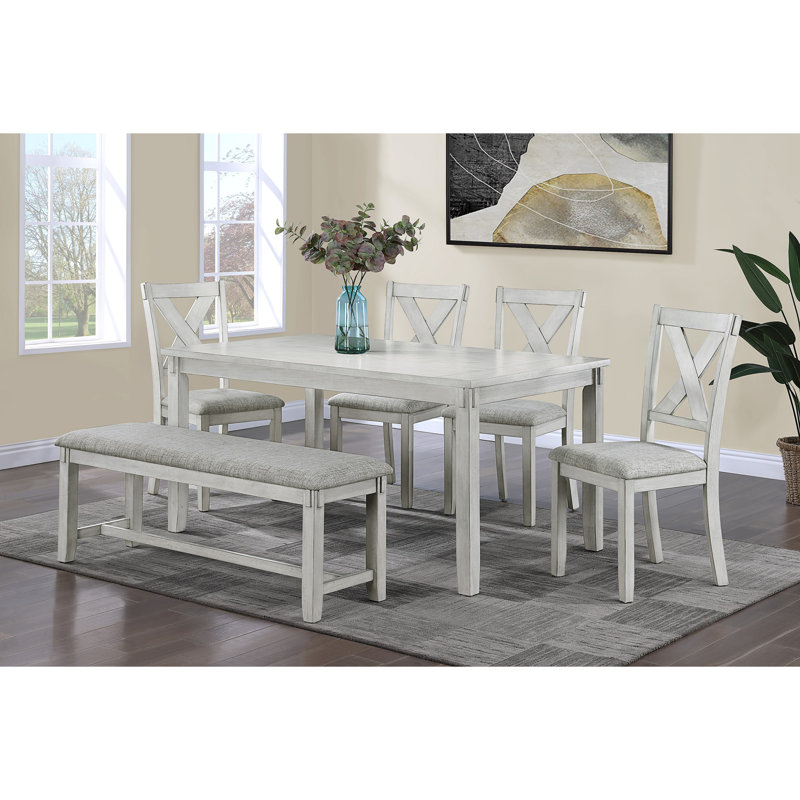1Pc Driftwood Finish Standard Height Bench Gray White Fabric Upholstered Seat Cushion Tapered Legs Contemporary Transitional Style Dining Room Wooden Furniture