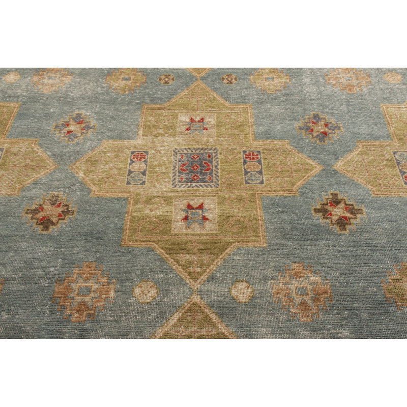 Distressed Homage Hand Knotted Wool Geometric Area Rug in Green, Blue, Beige, Red, Rectangle 9' x 12'