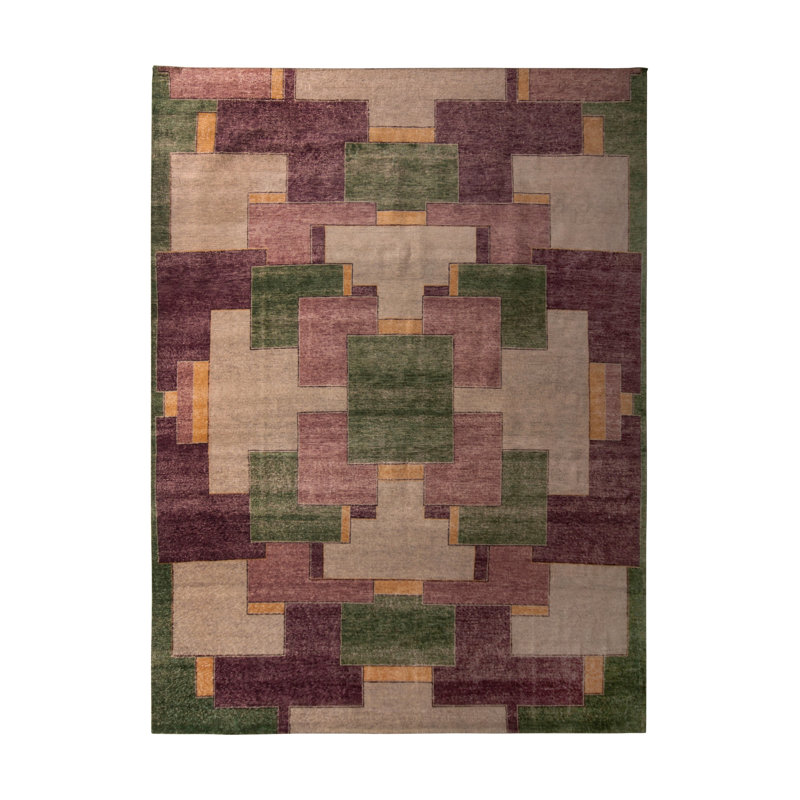 Hand-Knotted Classic Geometric Rug Purple Green Pattern By Rug & Kilim, Rectangle 6' x 9'