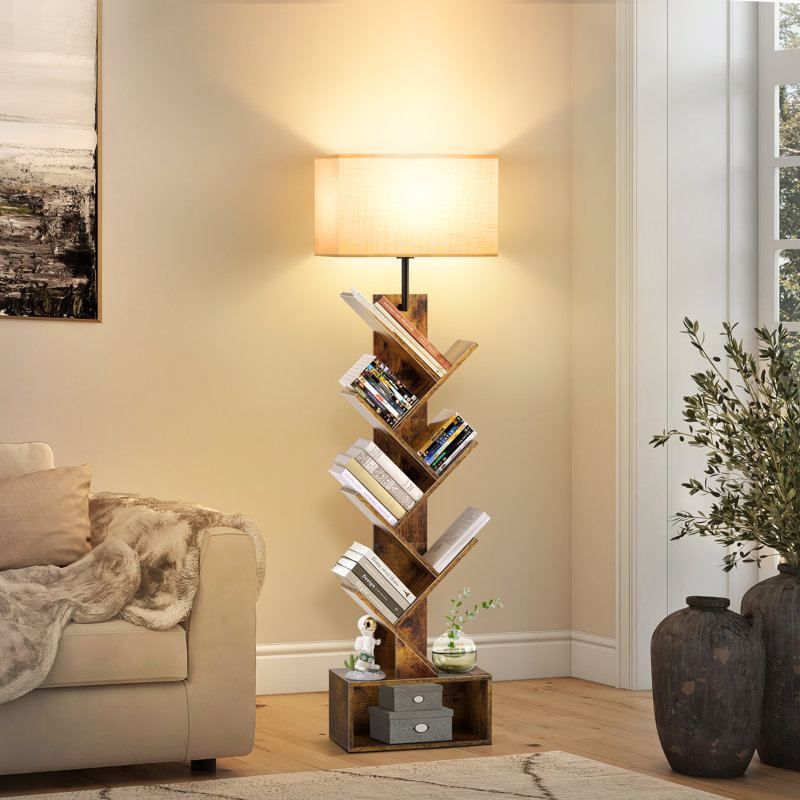 Lampe sur pied à DEL 57 po avec bibliothèque et télécommande, Blanc, Brun