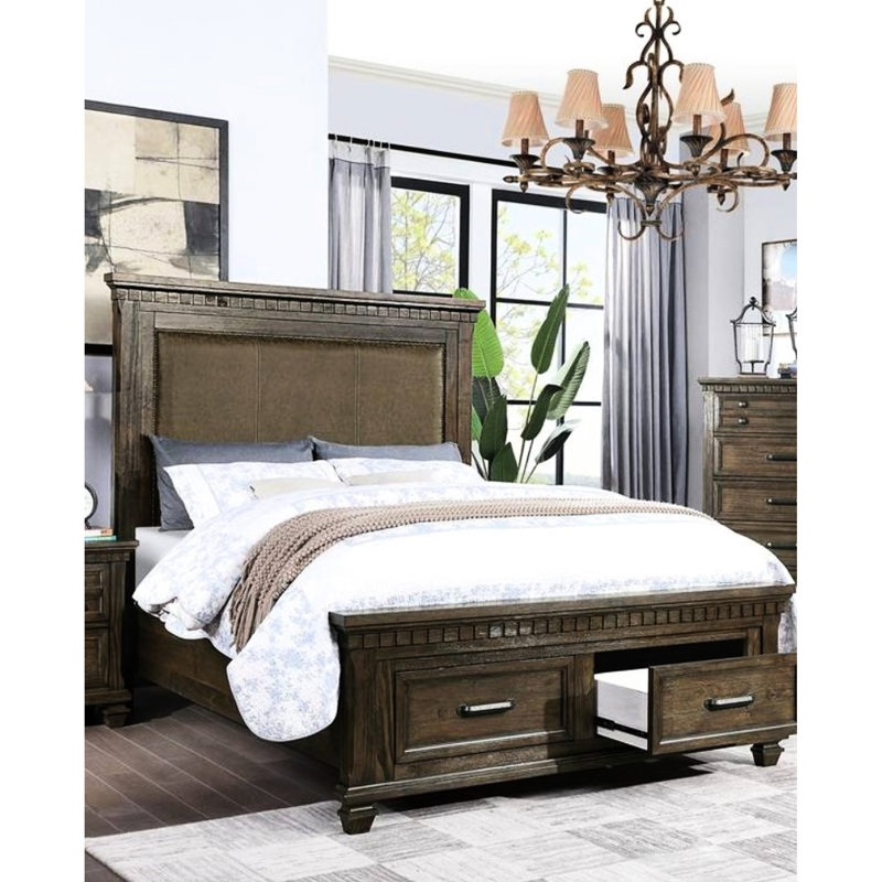 Brown Finish Traditional Queen Bed With Upholstered Headboard And Drawers, Bedroom Luxury Size Wood Sturdiness