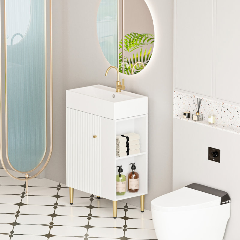Meuble-lavabo de 21,6 po avec lavabo en céramique, tablette ouverte à droite, 24Vb06-21Whr Scratch, surface de rangement imperméable blanche