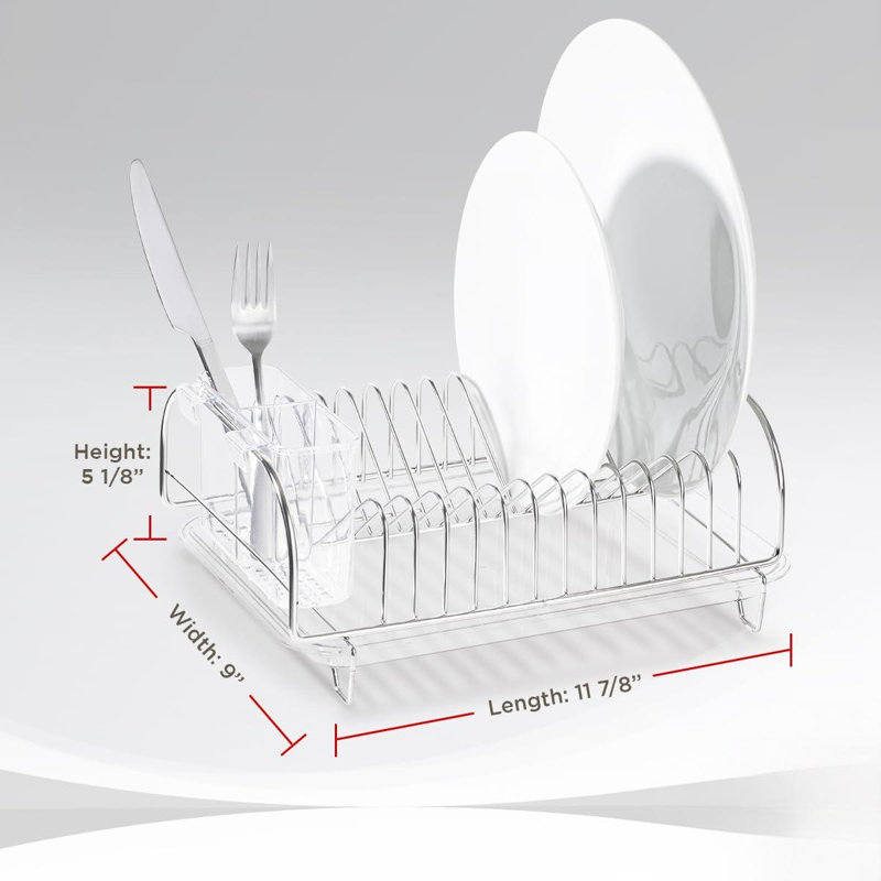 Égouttoir à vaisselle, égouttoir à vaisselle avec plateau en plastique transparent et porte-couverts, peu encombrant, peut contenir jusqu'à 12 assiettes (argent)