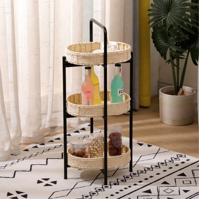 3 Tiers Tray Tables Paper Rope Woven Side Table For Living Room Kitchen Oval Storage Basket Small Shelves