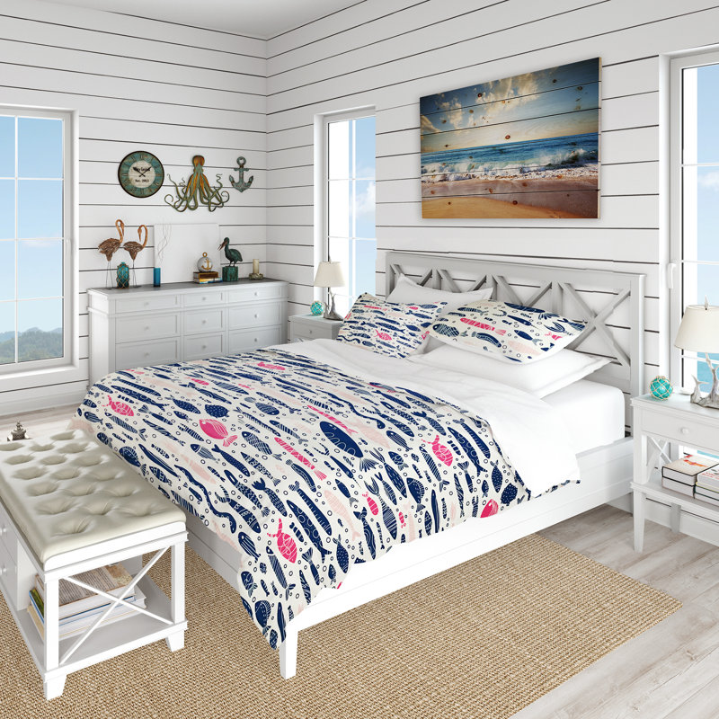 Vintage Beige and Blue Microfiber Coastal Duvet Cover Set