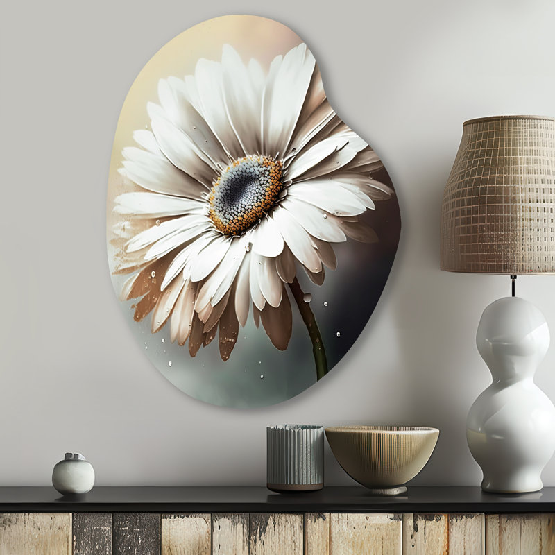 Gerbera blanche II - art mural asymétrique en forme de poire Gerbera, H 30 po x l 22 po x P 1 po