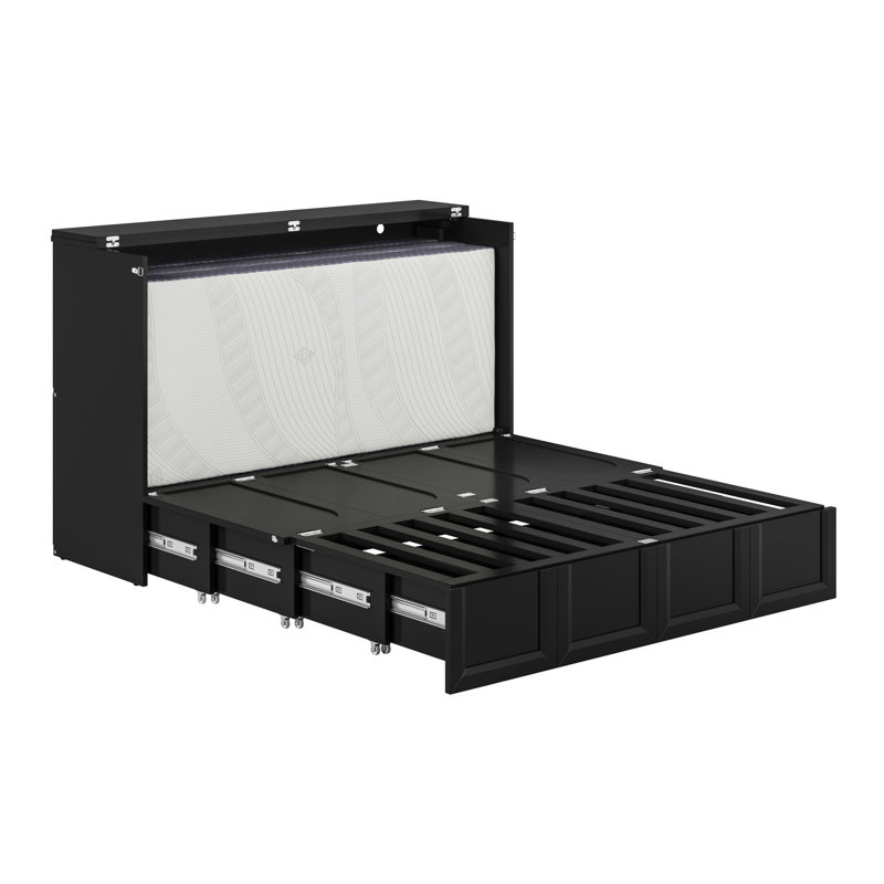 Athena Wood Murphy Bed Chest with 6" Mattress, Storage Drawer, and Built-in Charger, Black