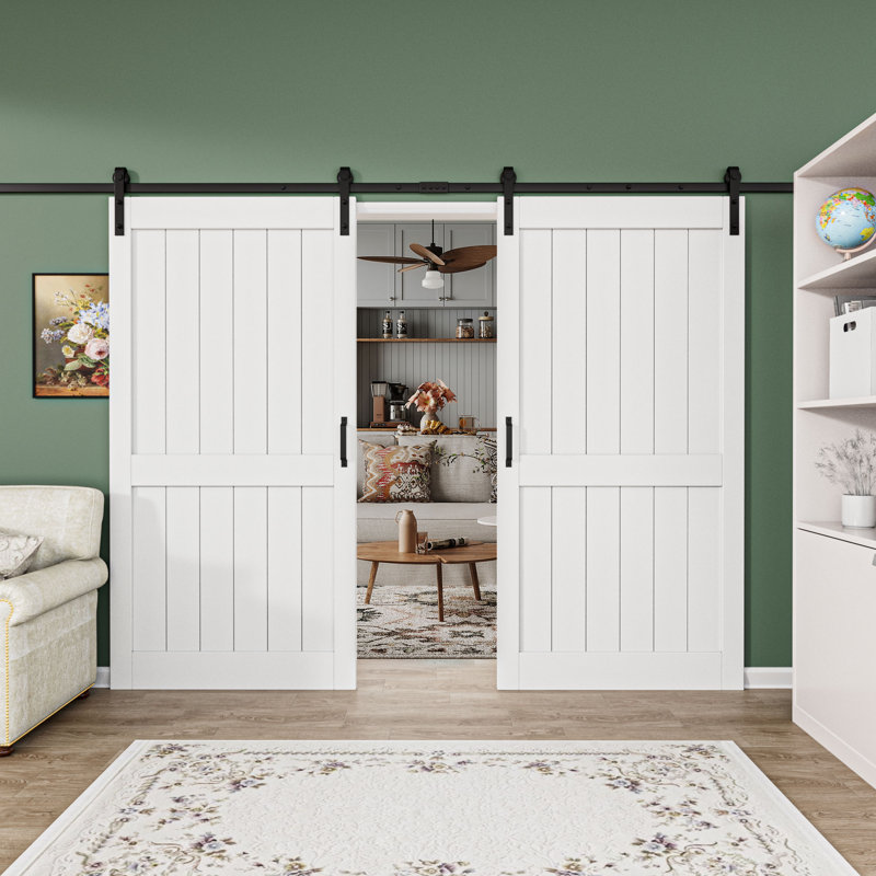 Porte de grange coulissante double préfinie en bois manufacturé avec trousse de quincaillerie d'installation, 84" × 84"