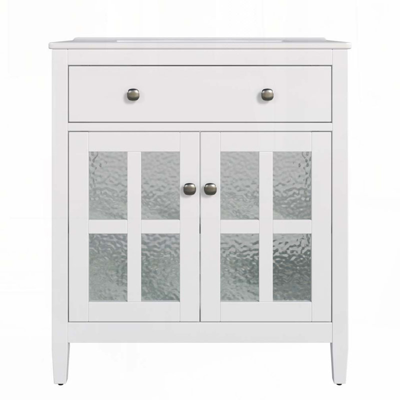 Meuble-lavabo de salle de bain avec lavabo en céramique, avec tablette réglable et plateau basculant, Blanc