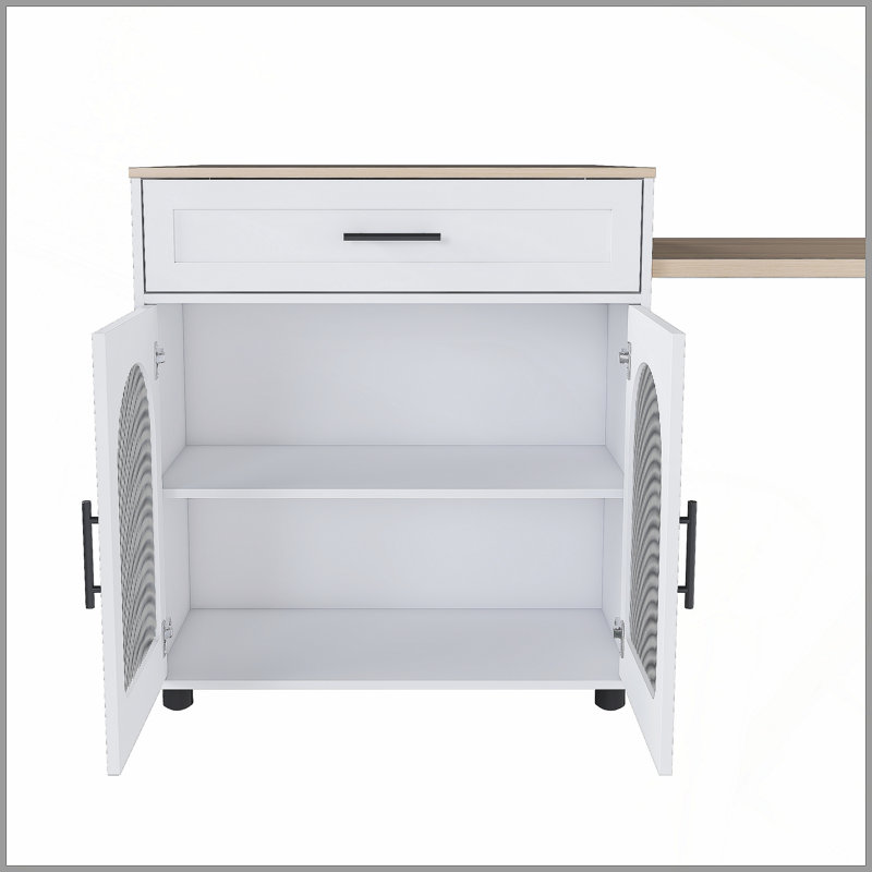80-Inch Expandable Kitchen Island With Dining Table, Solid Wood Grain Countertop With Power Outlet, Mobile Storage Cart With Cabinet & 2 Drawers, Kitchen Prep Table(White)