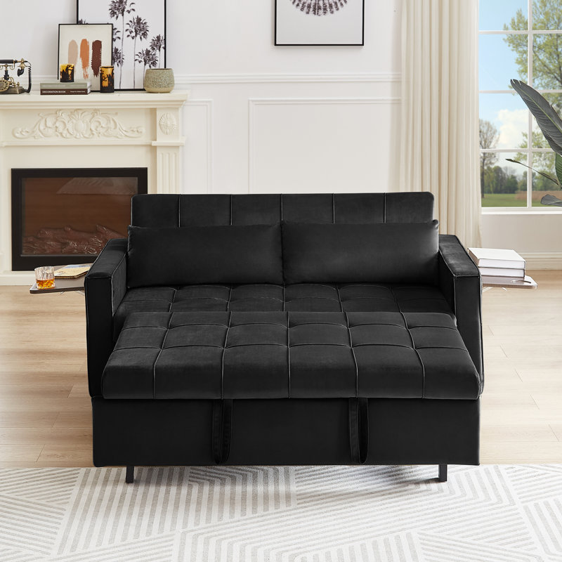 Canapé-lit convertible multifonctionnel, canapé capitonné noir avec lit escamotable, tables d'appoint et porte-gobelets pour chambre d'amis