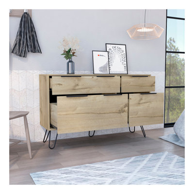 Augusta Double Dresser, Superior Top, Hairpin Legs, Four Drawers Light Oak
