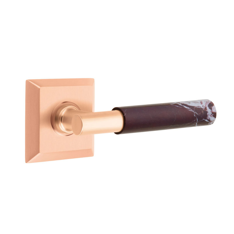 Ensemble de leviers d'intimité Emtek Select avec rosette Quincy et tige en T, levier en marbre Rosso Levanto (CF)