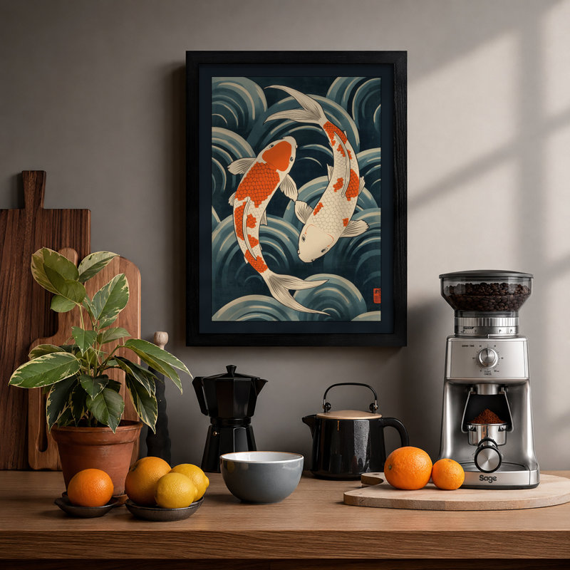 Koi in Flowing Water Japandi - Framed Print, A2 - 59.4 x 42.0 cm, Black