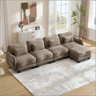 Oversize Chenille L-shaped 4-Seater Sofa , With 4 Exquisite Waist Pillows and 1 Movable Ottoman ,Ergonomic Curved Design, Easy to Assemble Modular Couch for Living Room Office